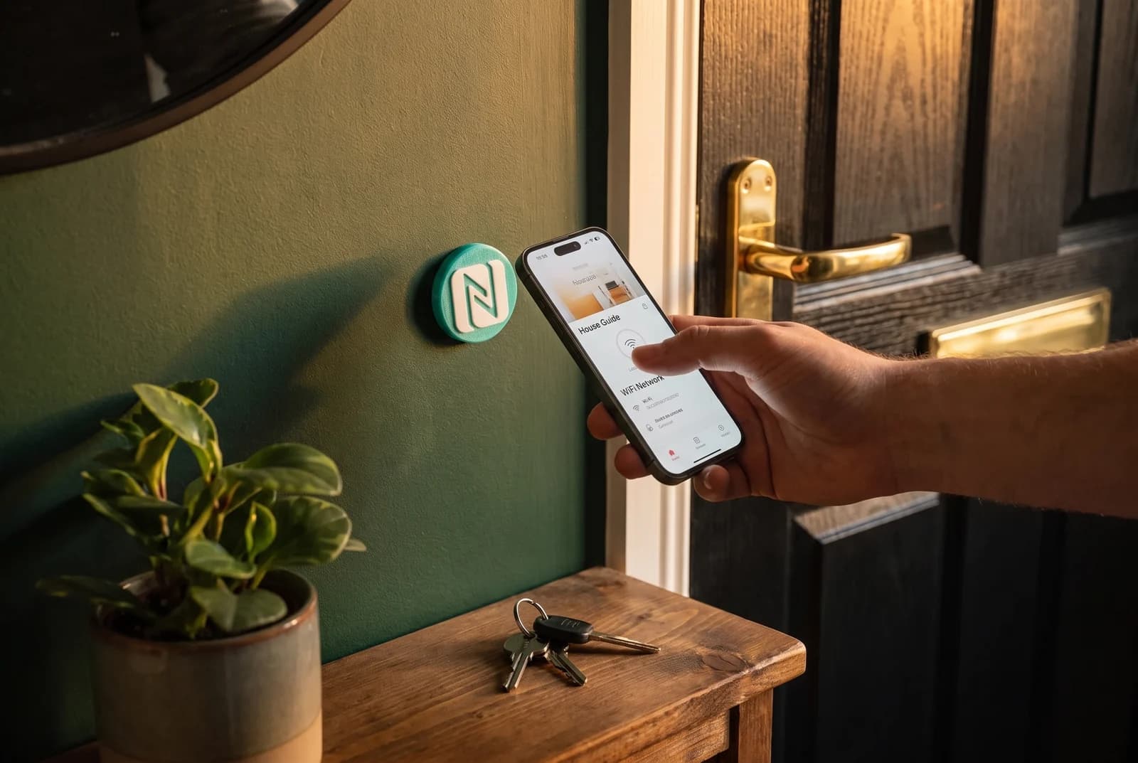 Round teal 3D-printed Tapora NFC badge on a short-let entry wall beside the front door - a guest taps their phone to open the WiFi and house guide