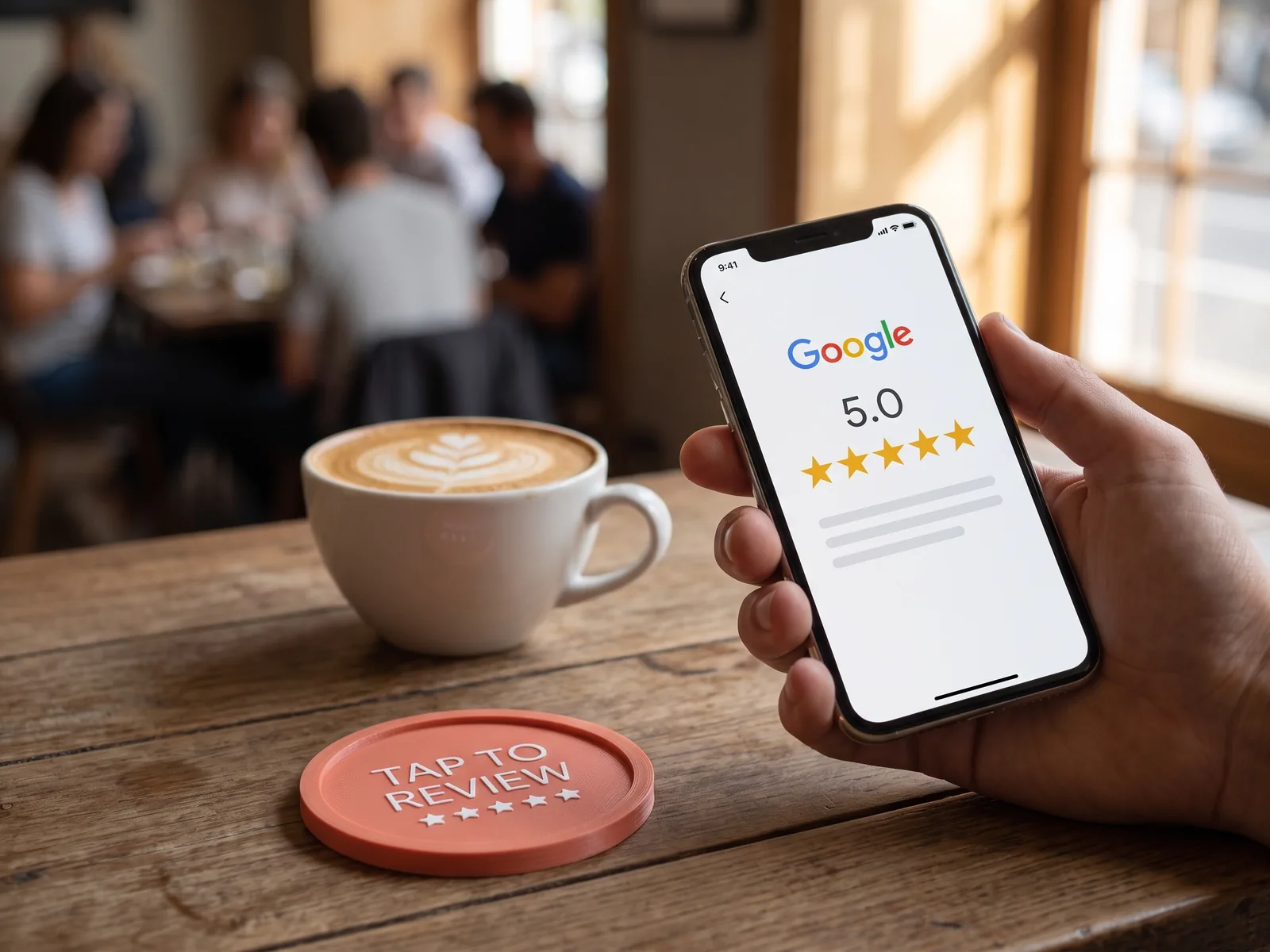Customer tapping a Tapora NFC badge on a cafe table to leave a Google review
