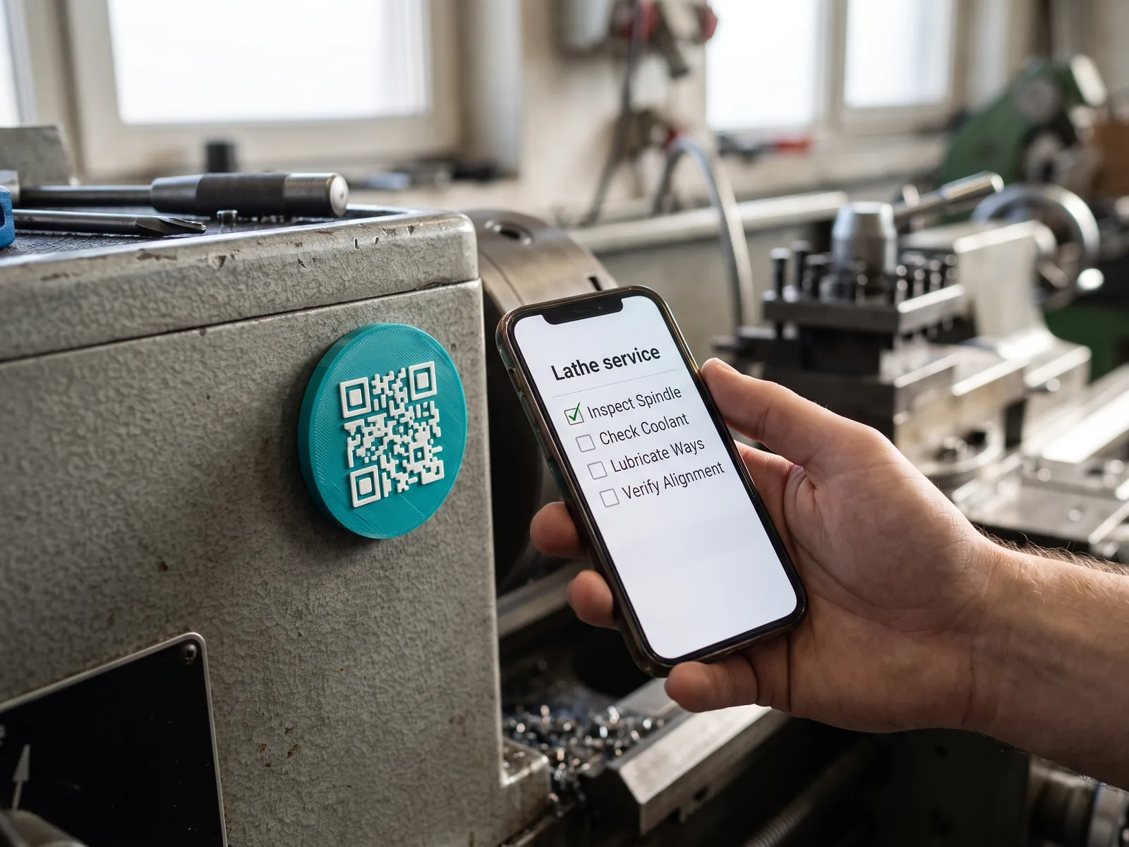 Technician tapping a phone to a teal 3D-printed Tapora NFC badge with a QR code on an industrial lathe to open a step-by-step maintenance checklist