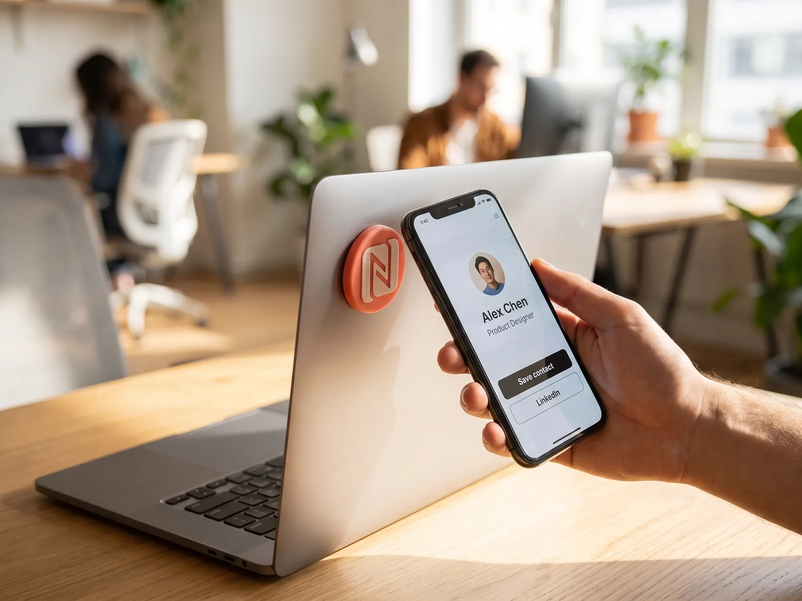 Tapping a Tapora NFC keychain to share contact details when networking