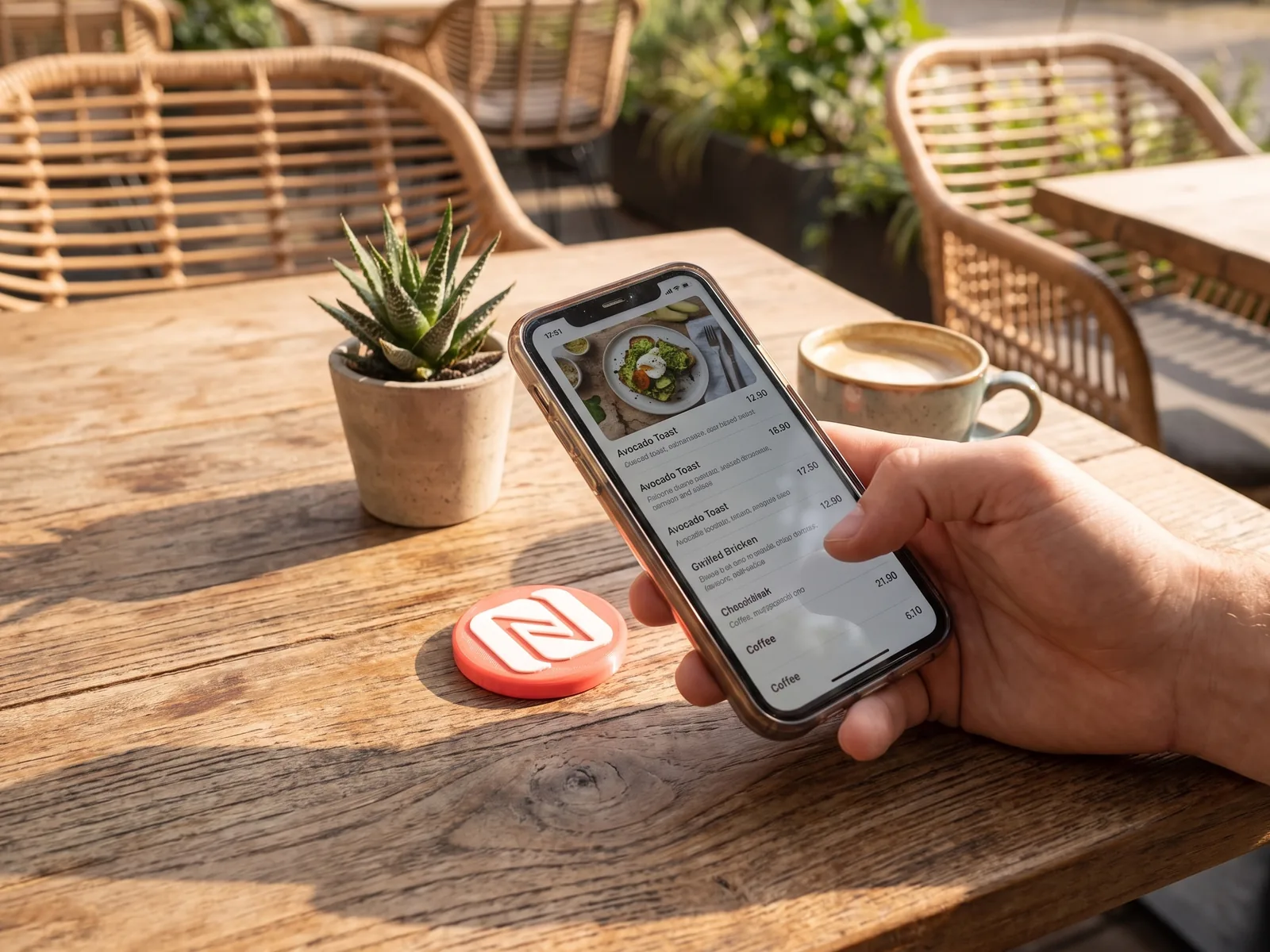Diner tapping a Tapora NFC badge on a restaurant table to open the menu