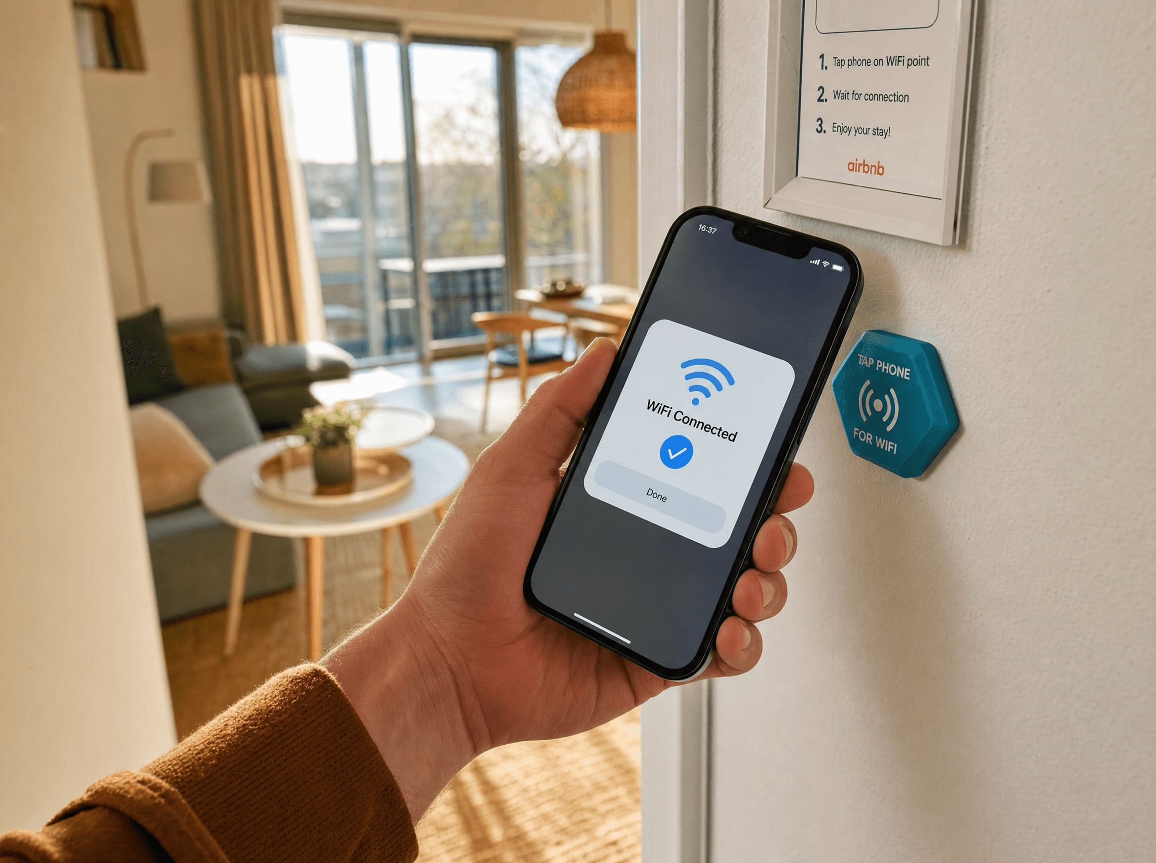 Hand tapping a smartphone to a teal Tapora NFC badge on a wall — phone screen shows WiFi Connected notification