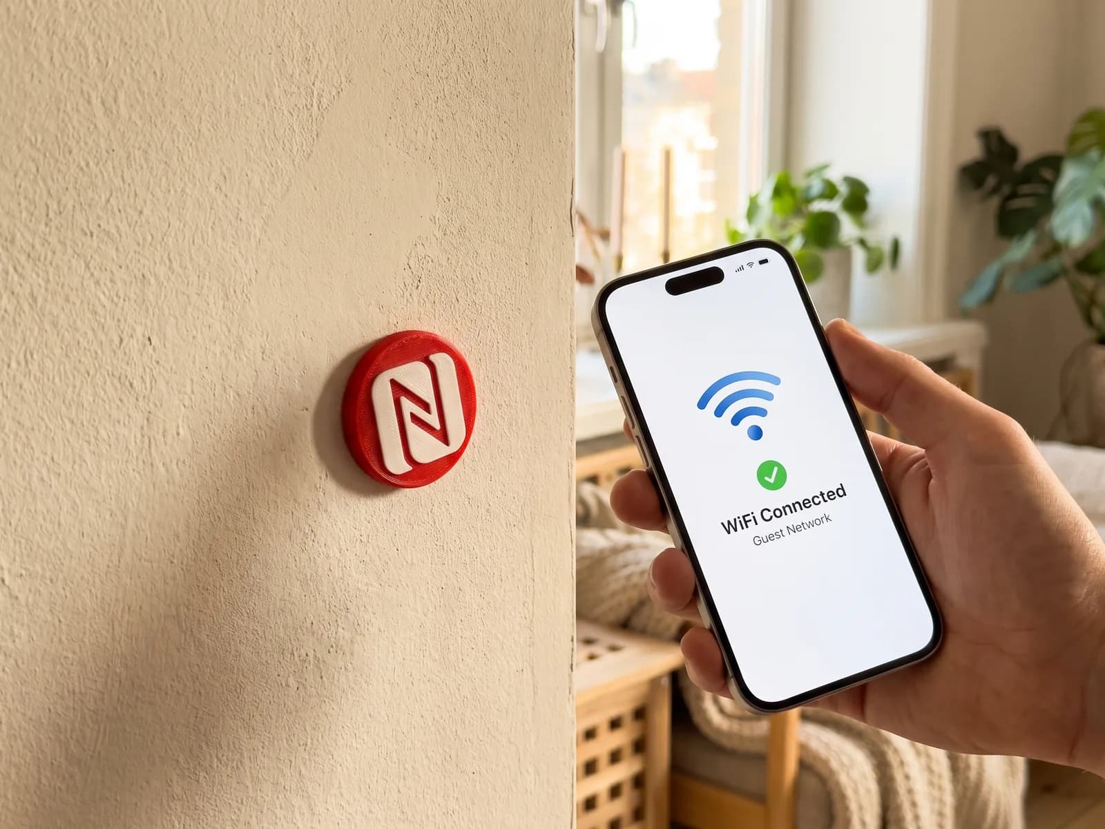 Guest tapping a phone to a Tapora NFC badge to connect to the WiFi